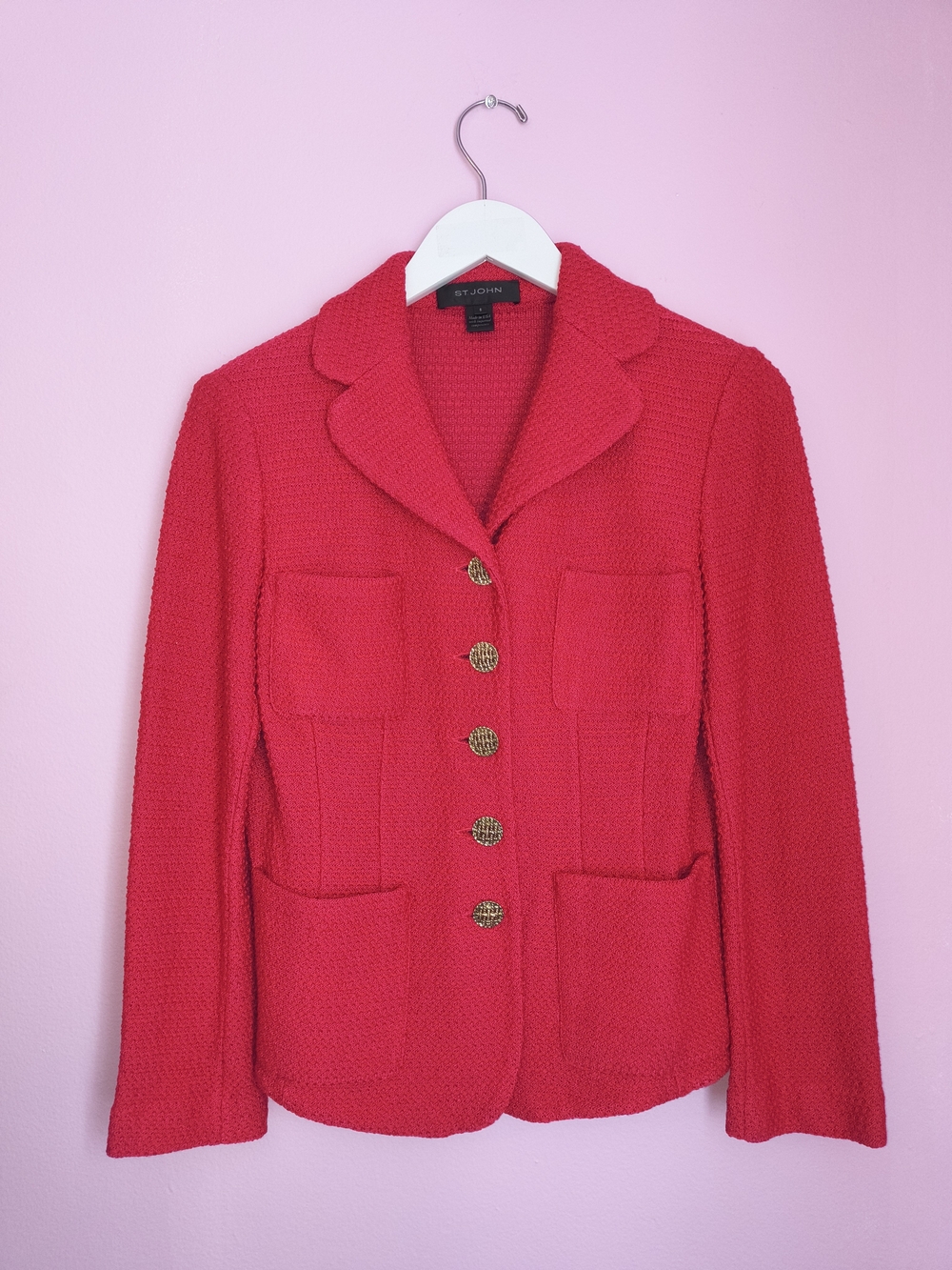 St. John Collection Bouclé Knit 4-Pocket Gold Button Blazer Jacket Pink 8 / M